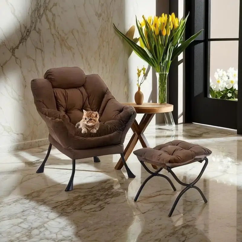Velvet fauteuil met opklapbare voetenbank