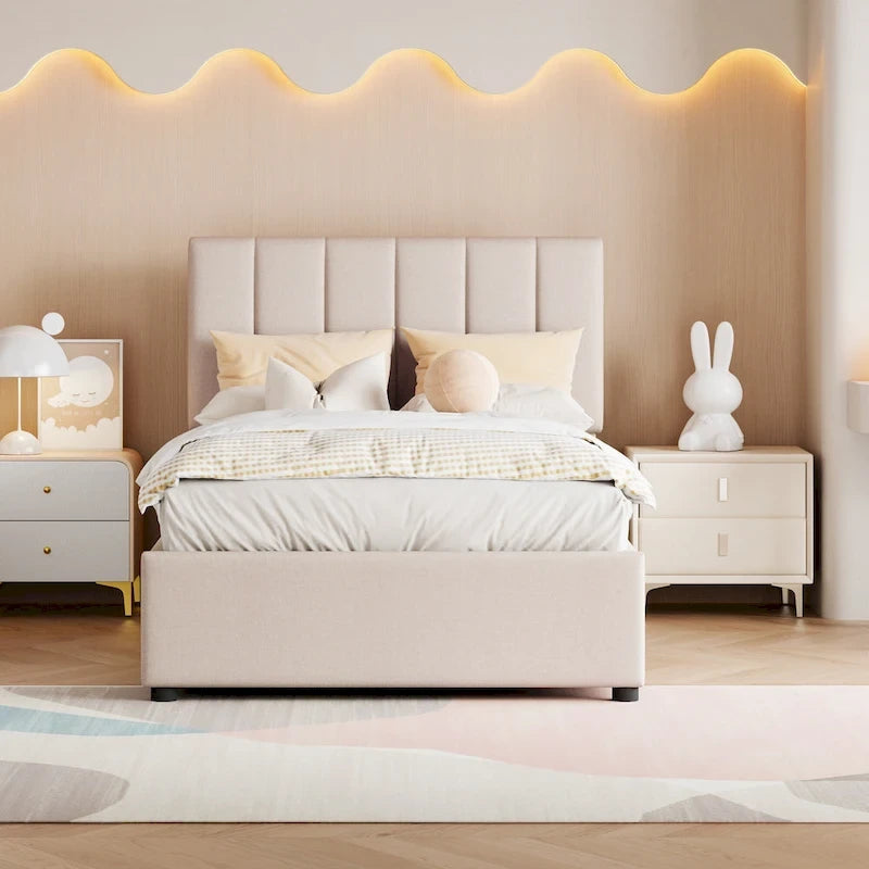 Lift Up Storage Platform Bed Frame, Wood Low Profile Panel Bed with Hydraulic Storage System, Vertical Striped Headboard
