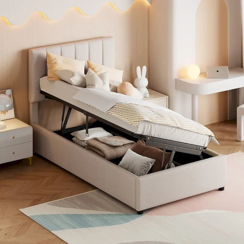 Eenpersoons hydraulisch opbergbed met gestoffeerd gestreept hoofdbord