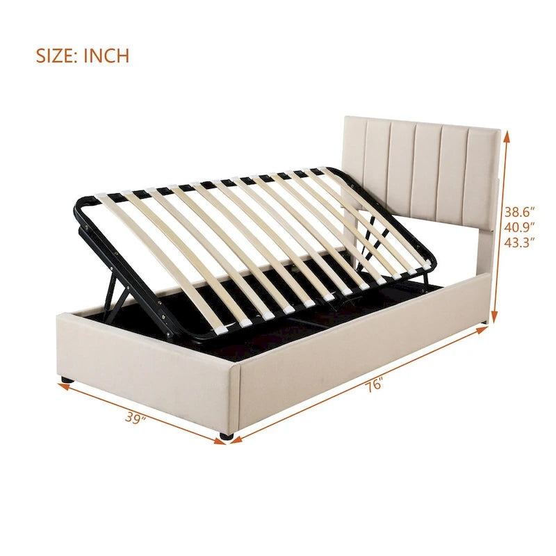 Eenpersoons hydraulisch opbergbed met gestoffeerd gestreept hoofdbord