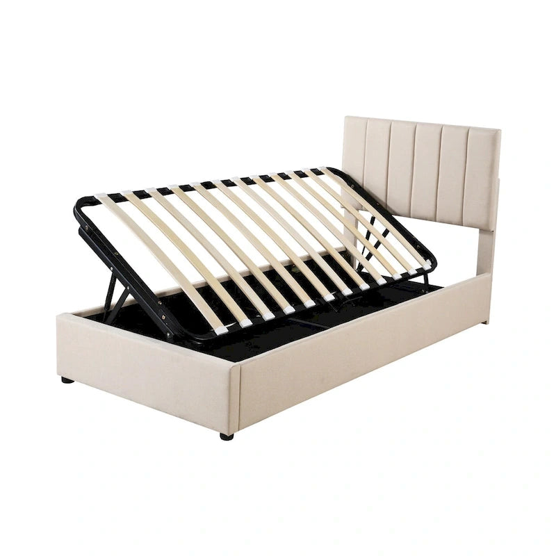 Eenpersoons hydraulisch opbergbed met gestoffeerd gestreept hoofdbord