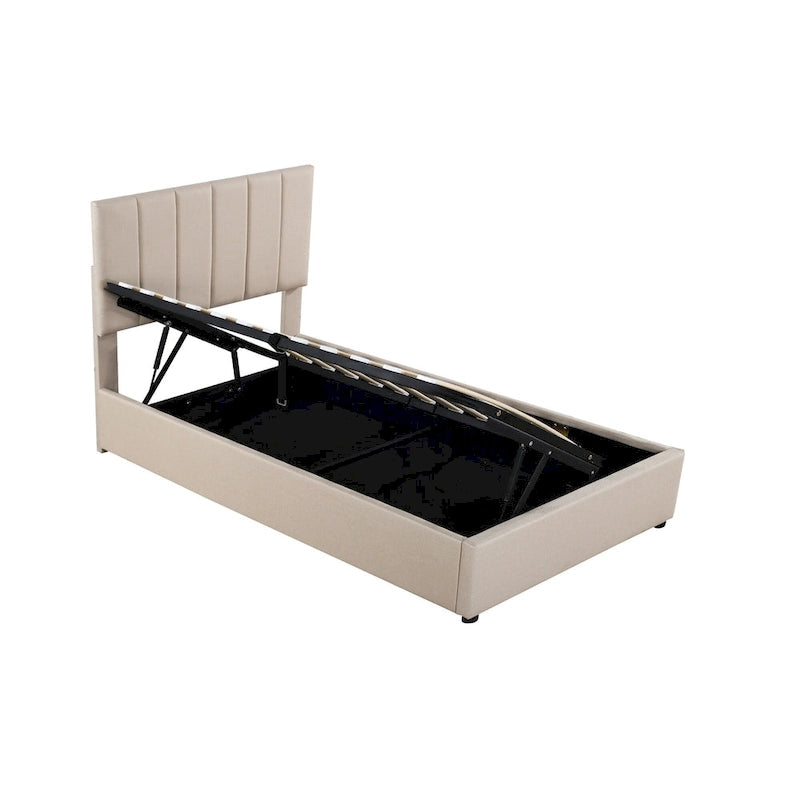 Eenpersoons hydraulisch opbergbed met gestoffeerd gestreept hoofdbord
