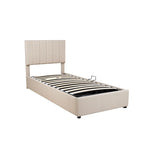 Eenpersoons hydraulisch opbergbed met gestoffeerd gestreept hoofdbord
