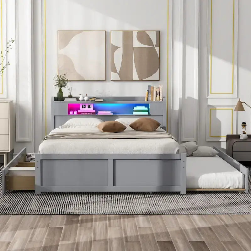 Tweepersoonsbed met LED-hoofdeinde, onderschuifbed en 2 opberglades