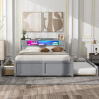 Tweepersoonsbed met LED-hoofdeinde, onderschuifbed en 2 opberglades