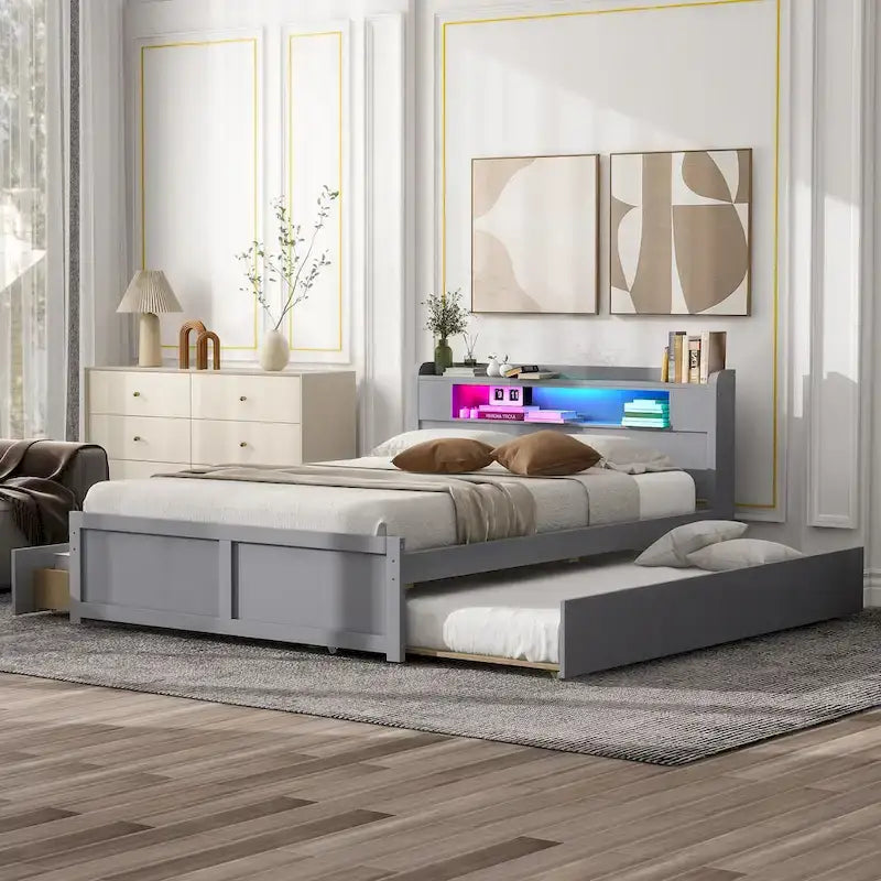 Tweepersoonsbed met LED-hoofdeinde, onderschuifbed en 2 opberglades