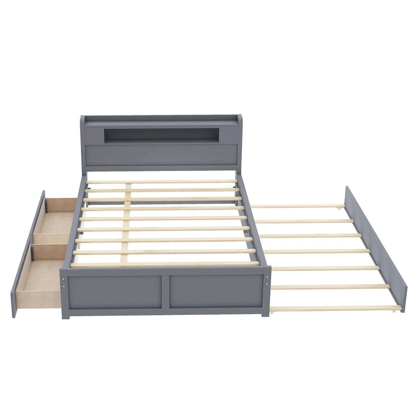 Tweepersoonsbed met LED-hoofdeinde, onderschuifbed en 2 opberglades