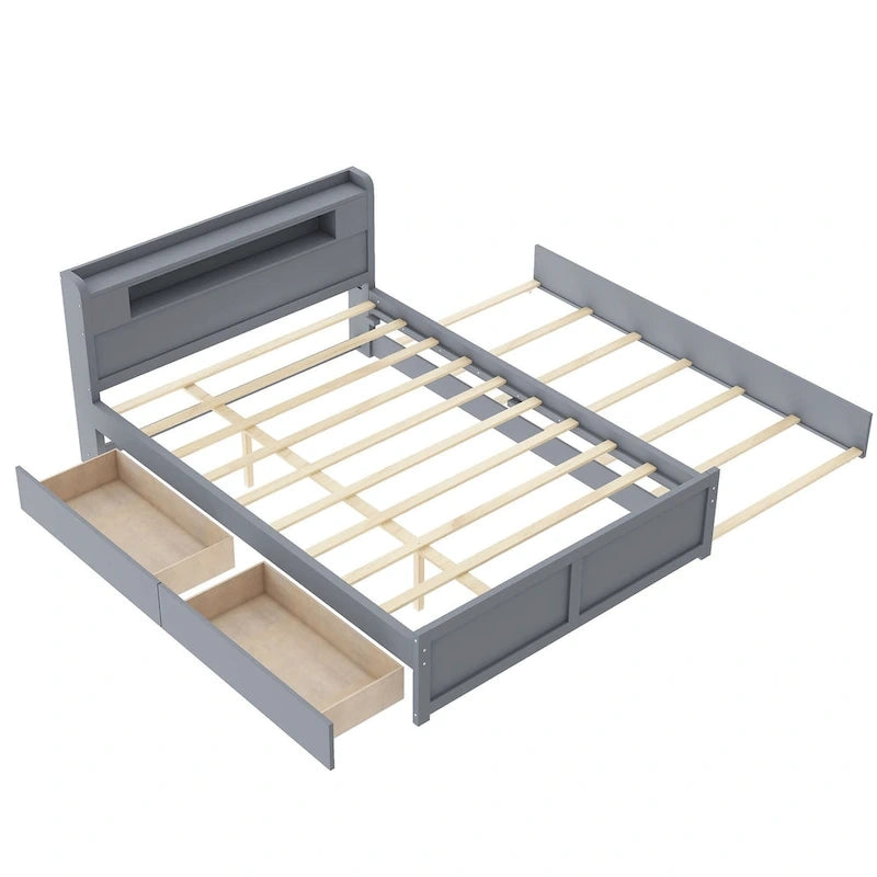 Tweepersoonsbed met LED-hoofdeinde, onderschuifbed en 2 opberglades
