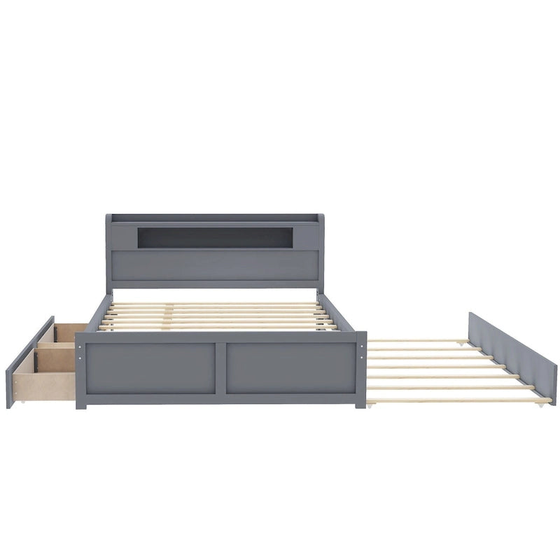Tweepersoonsbed met LED-hoofdeinde, onderschuifbed en 2 opberglades