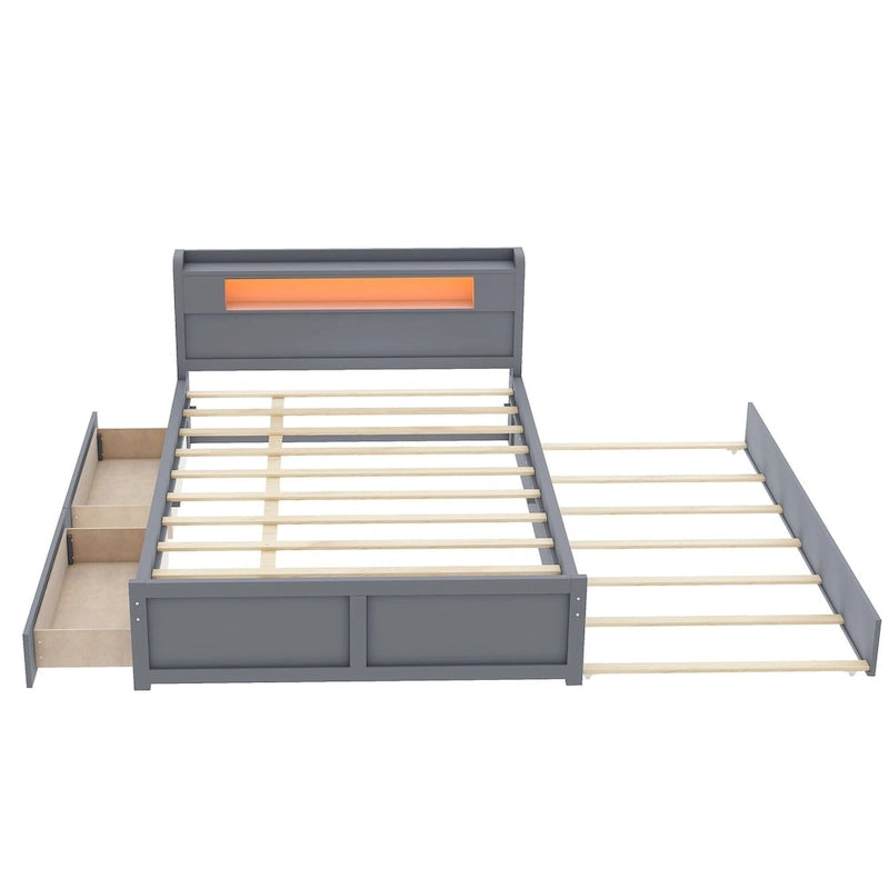 Tweepersoonsbed met LED-hoofdeinde, onderschuifbed en 2 opberglades