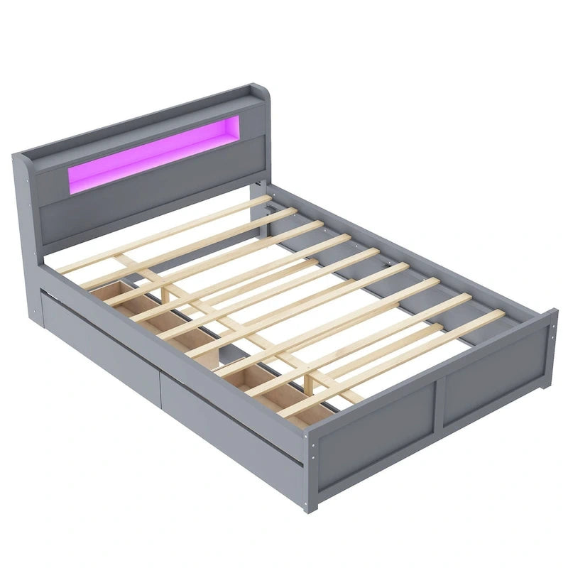 Tweepersoonsbed met LED-hoofdeinde, onderschuifbed en 2 opberglades