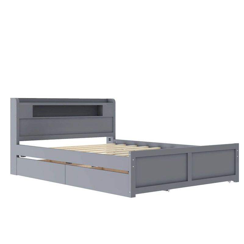 Tweepersoonsbed met LED-hoofdeinde, onderschuifbed en 2 opberglades