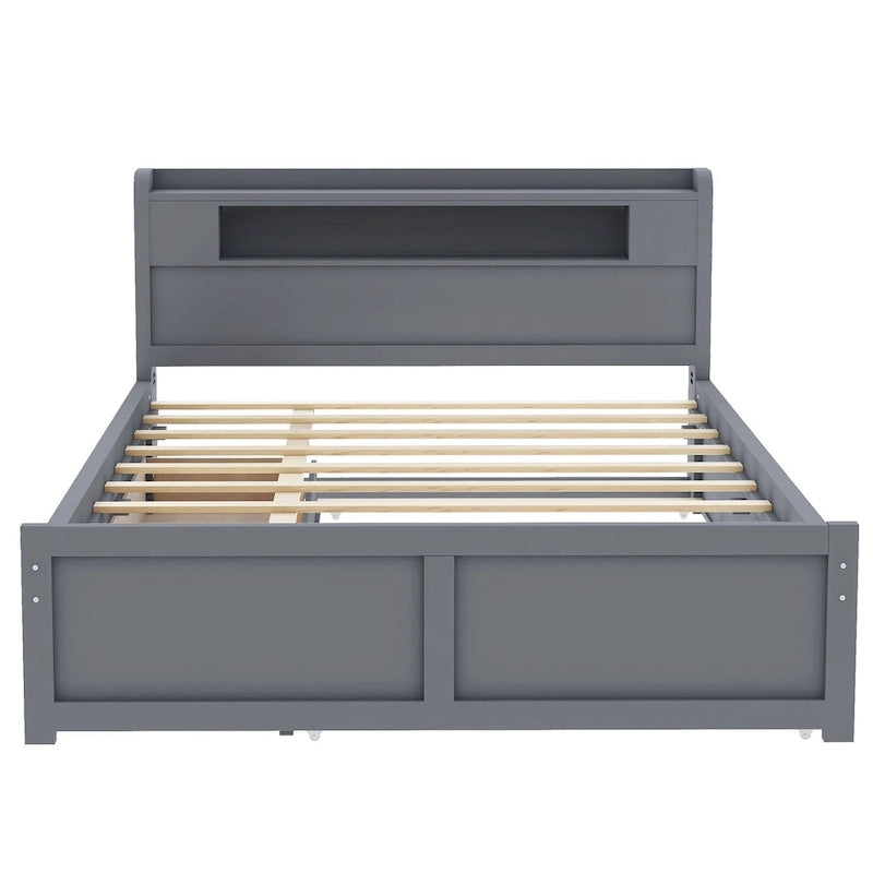 Tweepersoonsbed met LED-hoofdeinde, onderschuifbed en 2 opberglades