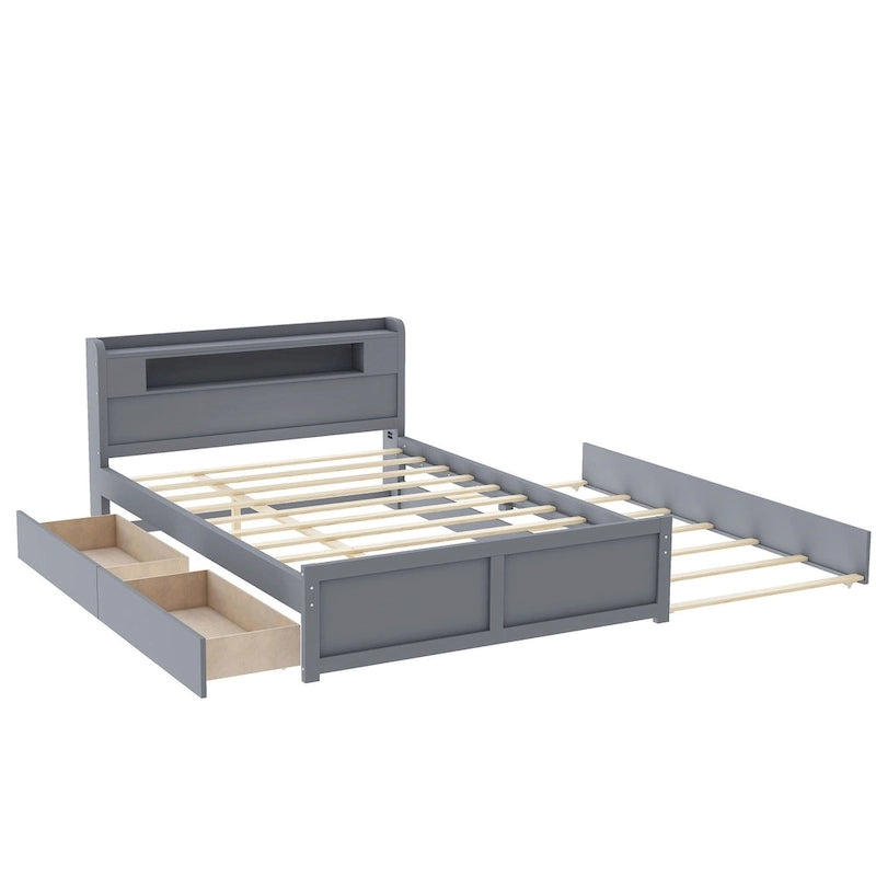 Tweepersoonsbed met LED-hoofdeinde, onderschuifbed en 2 opberglades