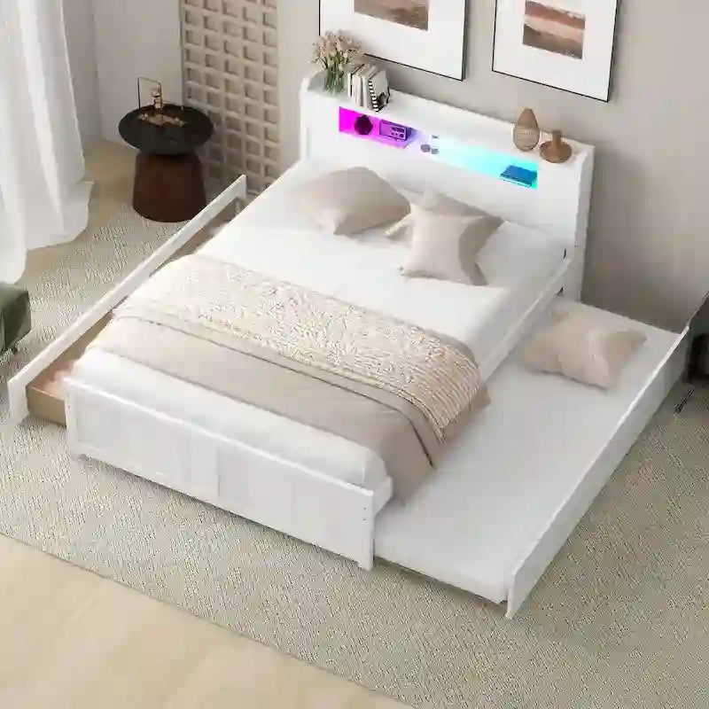 Tweepersoonsbed met LED-hoofdeinde, onderschuifbed en 2 opberglades