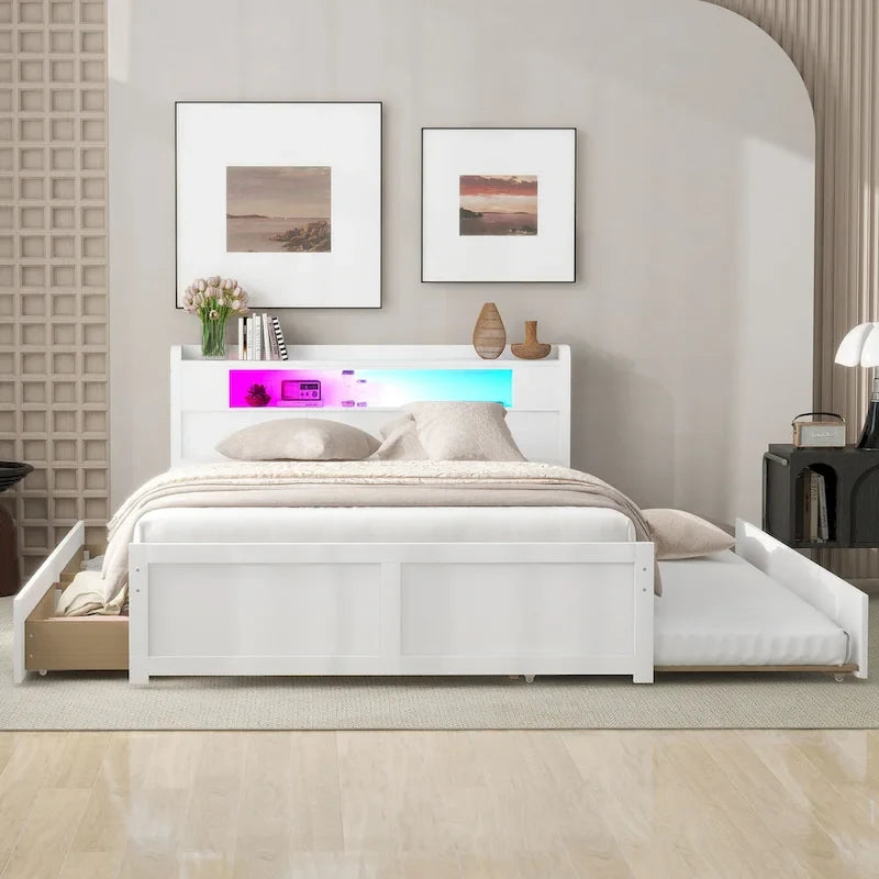 Tweepersoonsbed met LED-hoofdeinde, onderschuifbed en 2 opberglades