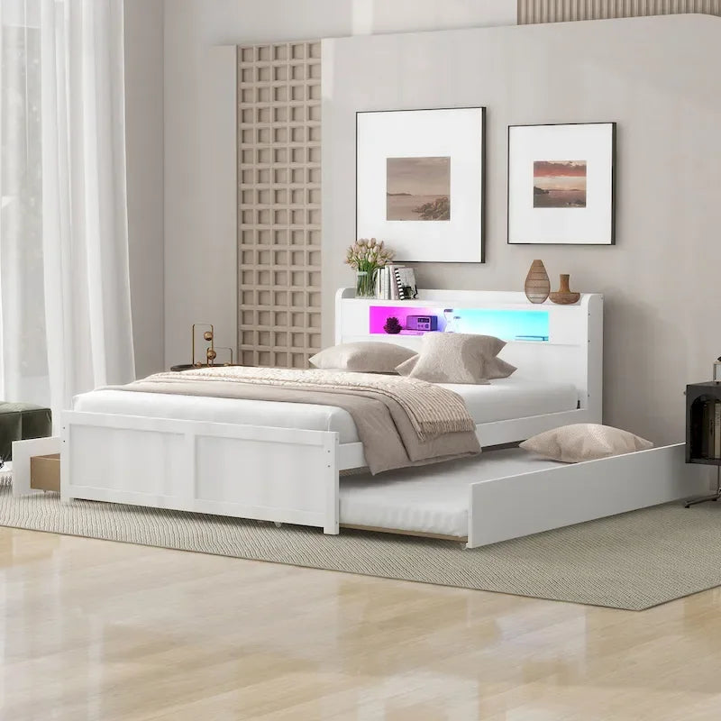 Tweepersoonsbed met LED-hoofdeinde, onderschuifbed en 2 opberglades