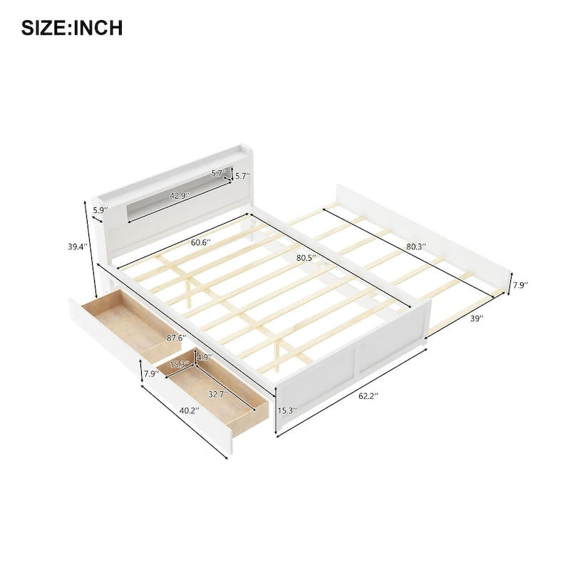 Tweepersoonsbed met LED-hoofdeinde, onderschuifbed en 2 opberglades