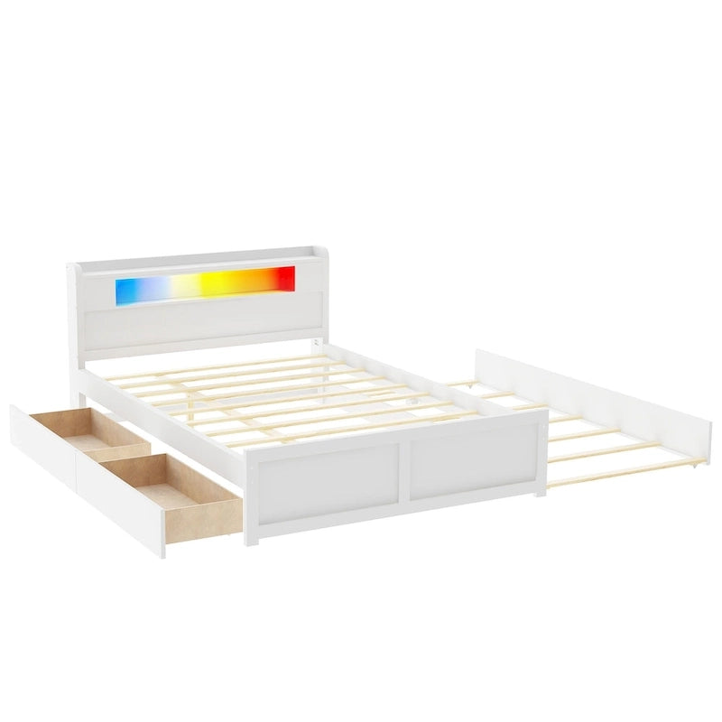 Tweepersoonsbed met LED-hoofdeinde, onderschuifbed en 2 opberglades