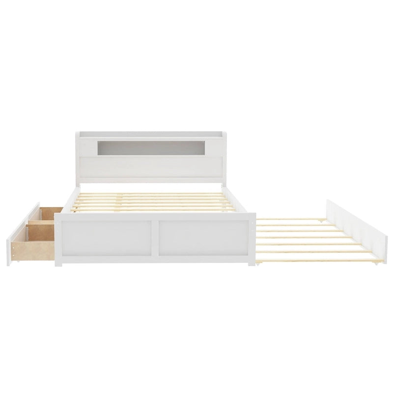Tweepersoonsbed met LED-hoofdeinde, onderschuifbed en 2 opberglades