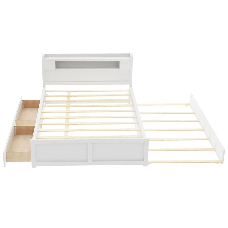 Tweepersoonsbed met LED-hoofdeinde, onderschuifbed en 2 opberglades