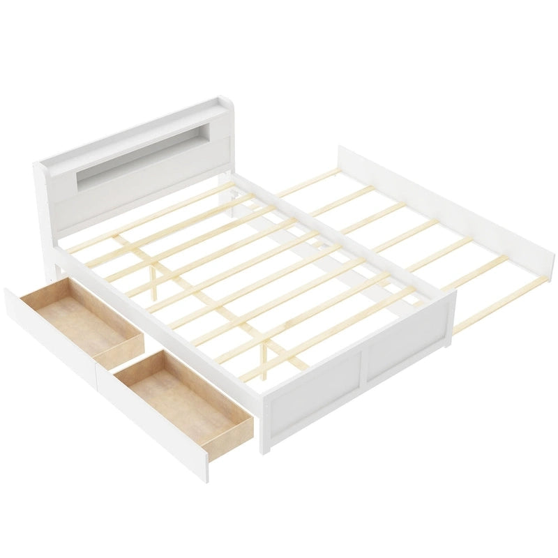 Tweepersoonsbed met LED-hoofdeinde, onderschuifbed en 2 opberglades
