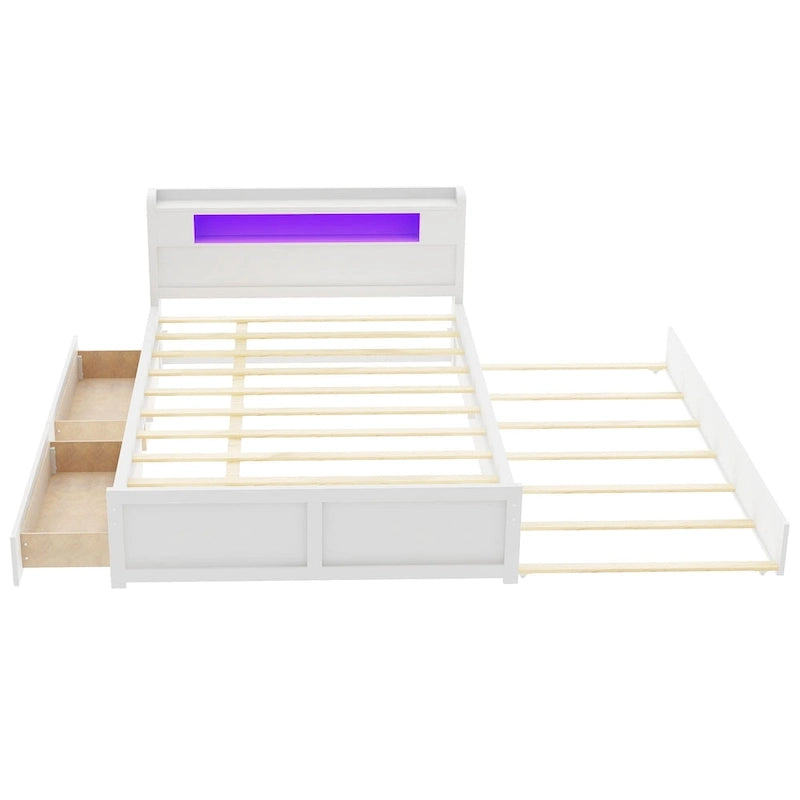 Tweepersoonsbed met LED-hoofdeinde, onderschuifbed en 2 opberglades
