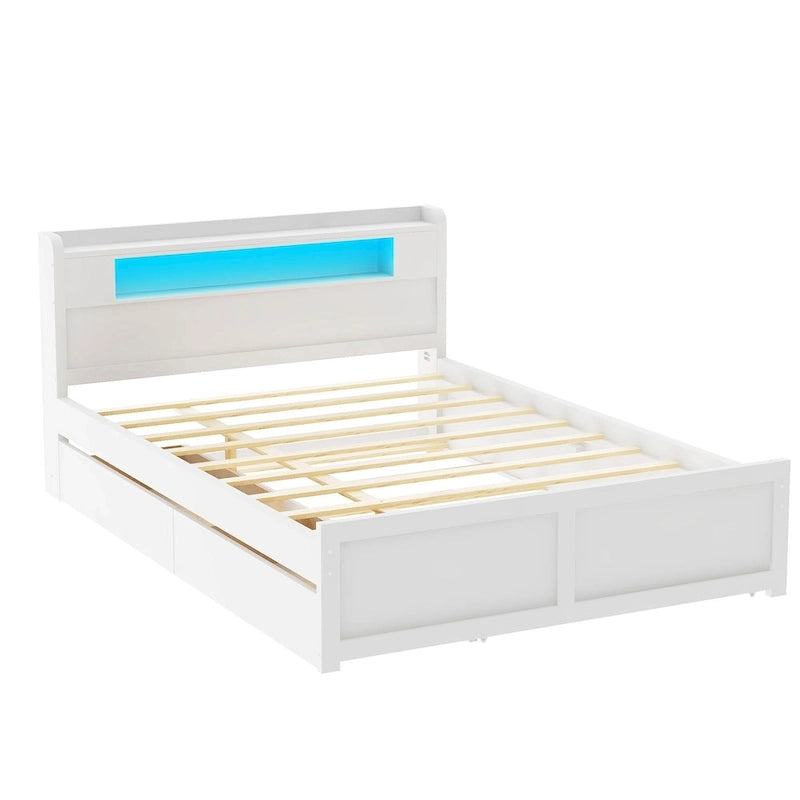 Tweepersoonsbed met LED-hoofdeinde, onderschuifbed en 2 opberglades