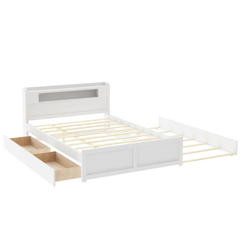 Tweepersoonsbed met LED-hoofdeinde, onderschuifbed en 2 opberglades