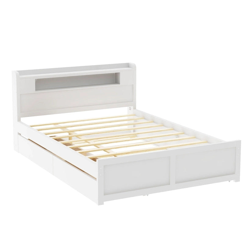 Tweepersoonsbed met LED-hoofdeinde, onderschuifbed en 2 opberglades