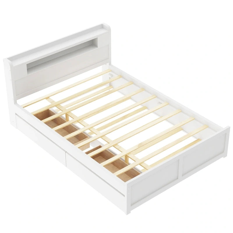 Tweepersoonsbed met LED-hoofdeinde, onderschuifbed en 2 opberglades