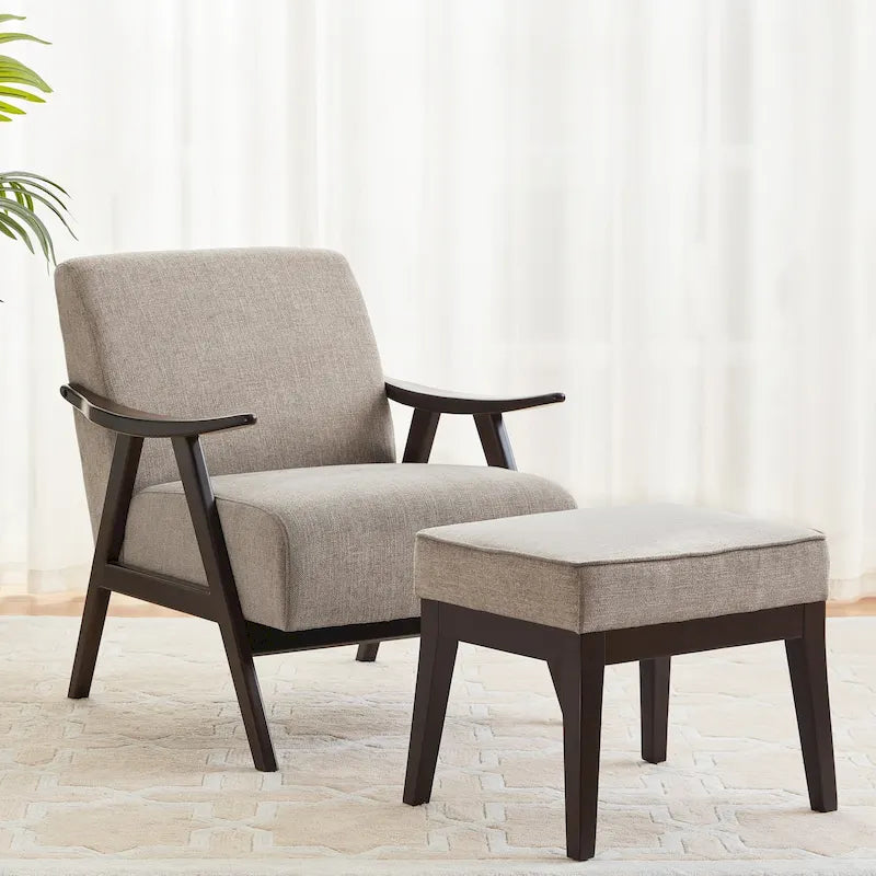 Gestoffeerde Fauteuil uit het Midden van de Eeuw met Massief Houten Frame en Ottoman