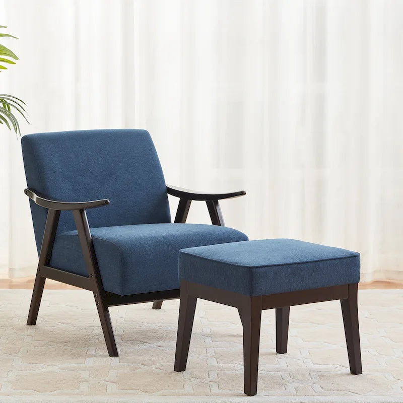 Gestoffeerde Fauteuil uit het Midden van de Eeuw met Massief Houten Frame en Ottoman