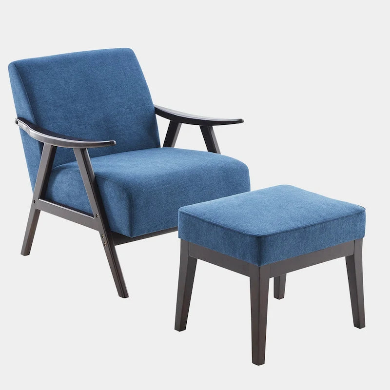 Gestoffeerde Fauteuil uit het Midden van de Eeuw met Massief Houten Frame en Ottoman