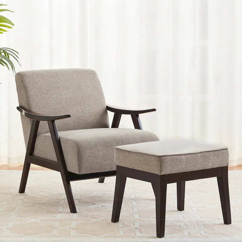 Gestoffeerde Fauteuil uit het Midden van de Eeuw met Massief Houten Frame en Ottoman