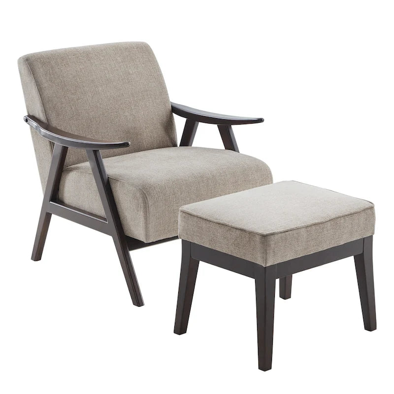 Gestoffeerde Fauteuil uit het Midden van de Eeuw met Massief Houten Frame en Ottoman