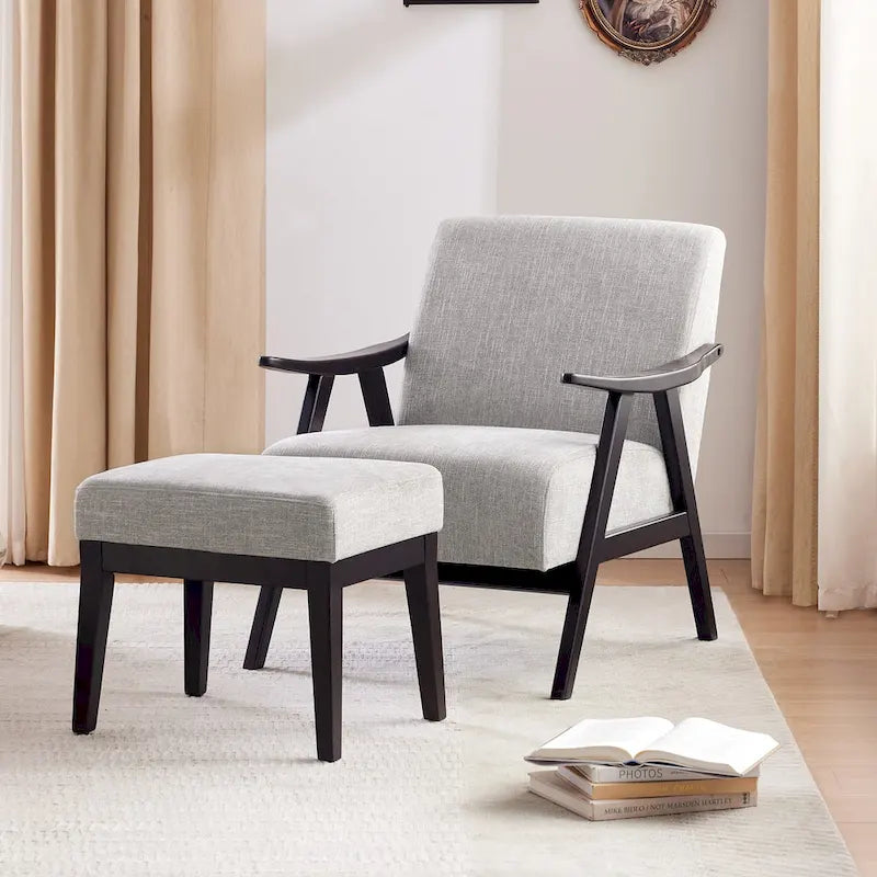 Gestoffeerde Fauteuil uit het Midden van de Eeuw met Massief Houten Frame en Ottoman