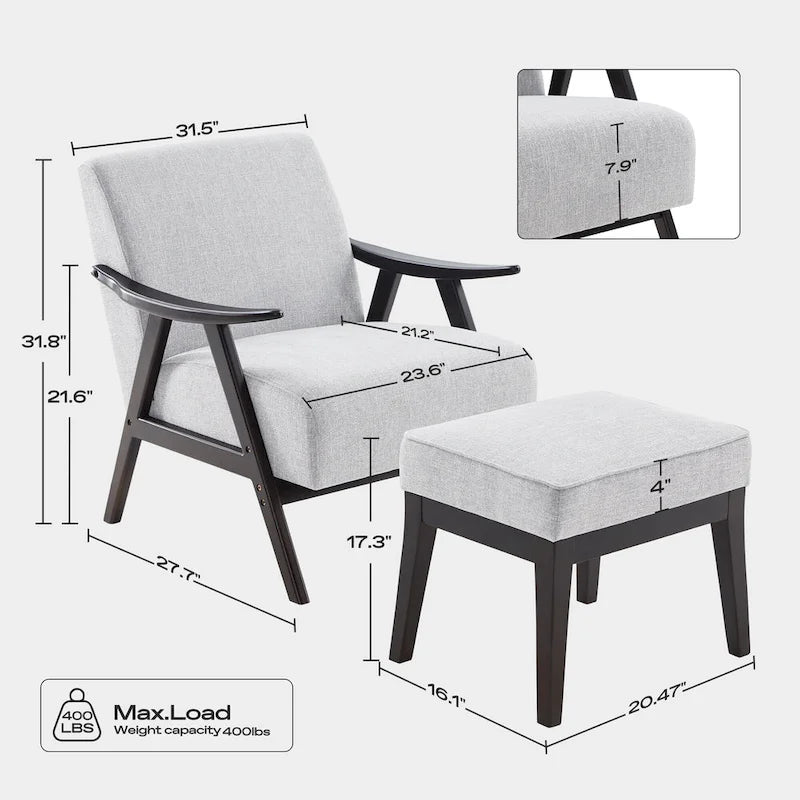Gestoffeerde Fauteuil uit het Midden van de Eeuw met Massief Houten Frame en Ottoman