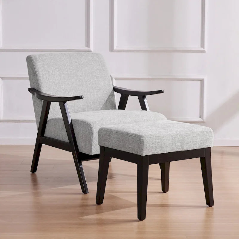 Gestoffeerde Fauteuil uit het Midden van de Eeuw met Massief Houten Frame en Ottoman