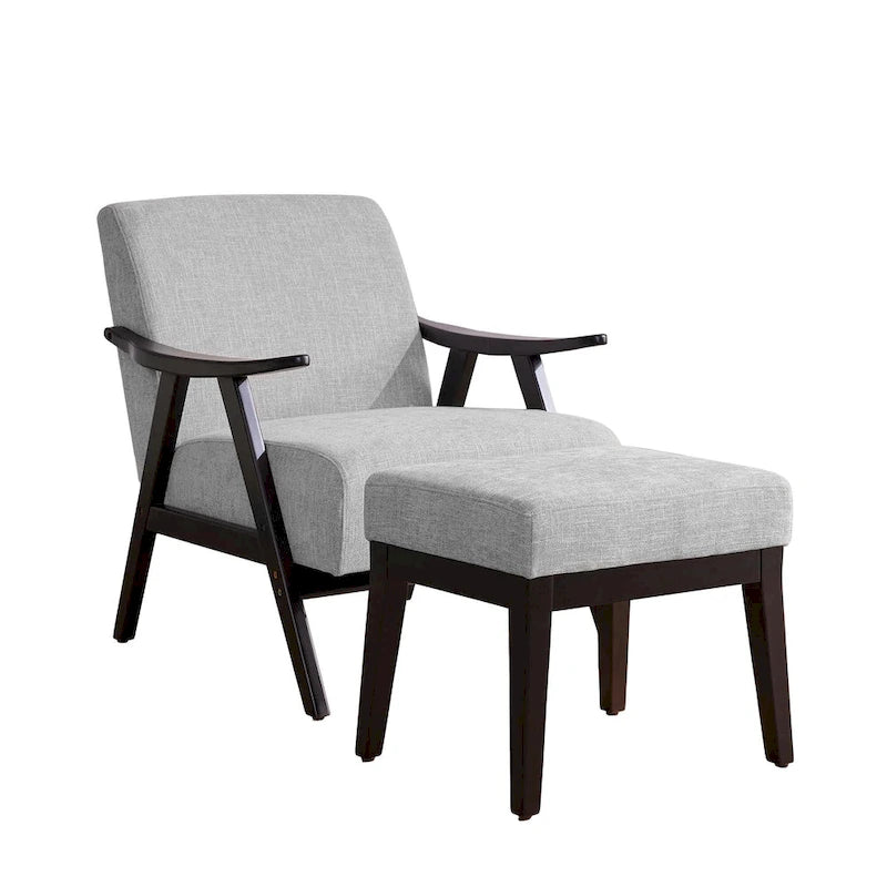 Gestoffeerde Fauteuil uit het Midden van de Eeuw met Massief Houten Frame en Ottoman