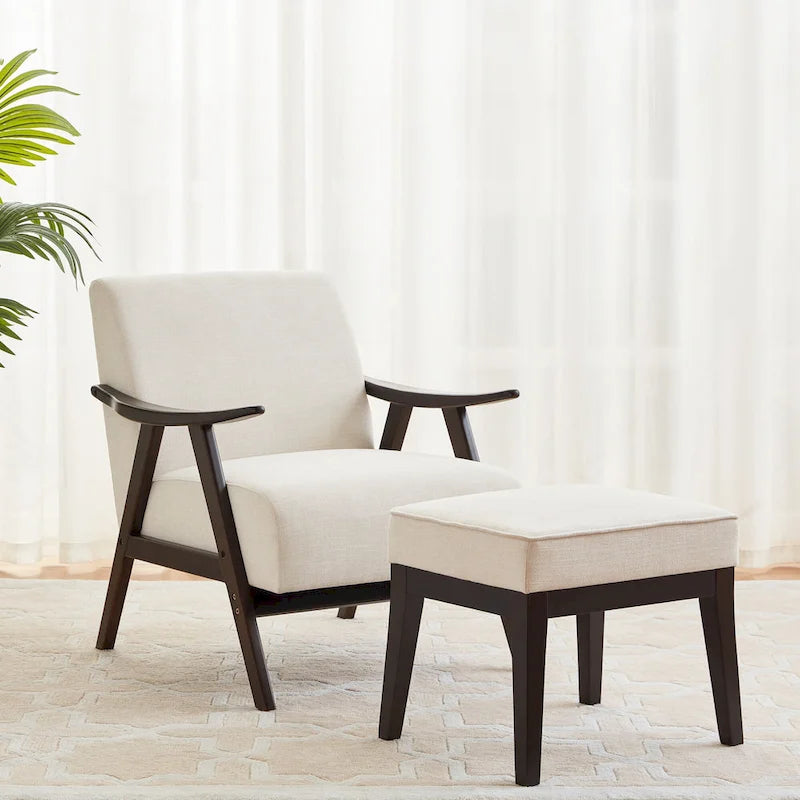 Gestoffeerde Fauteuil uit het Midden van de Eeuw met Massief Houten Frame en Ottoman