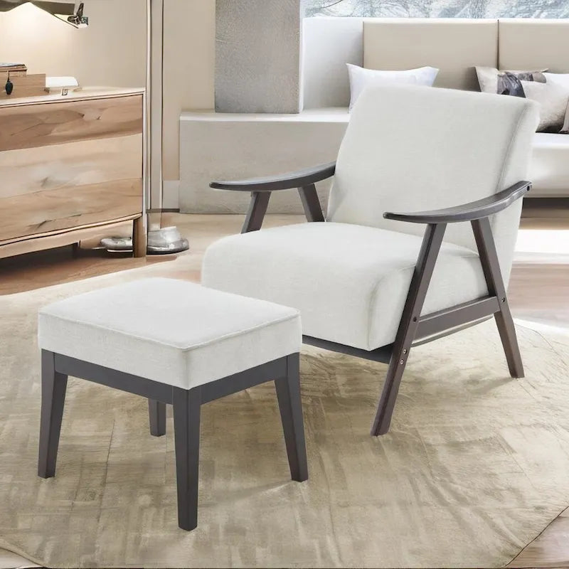 Gestoffeerde Fauteuil uit het Midden van de Eeuw met Massief Houten Frame en Ottoman