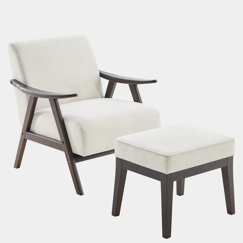 Gestoffeerde Fauteuil uit het Midden van de Eeuw met Massief Houten Frame en Ottoman