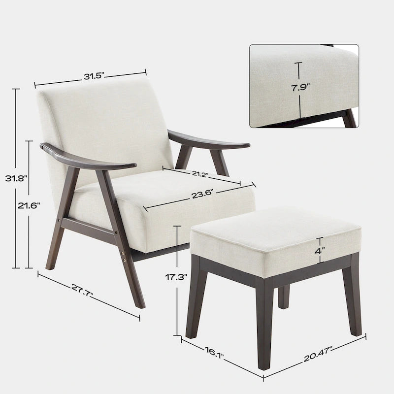Gestoffeerde Fauteuil uit het Midden van de Eeuw met Massief Houten Frame en Ottoman