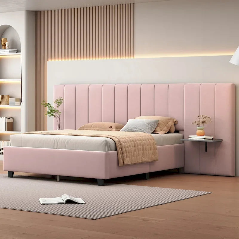 Modern Velvet Upholstered Platform Bed with Large Headboard