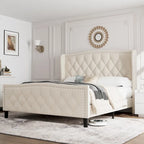 Tweepersoons bed met fluwelen bekleding, gewatteerd hoofdbord met zijpanelen en houten lattenbodem