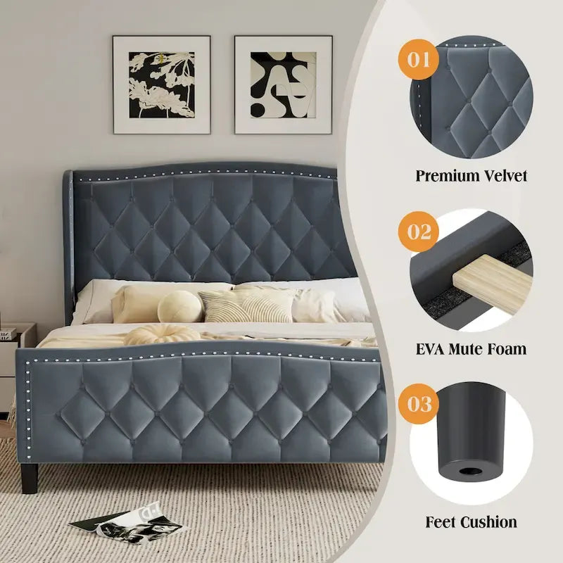 Tweepersoons bed met fluwelen bekleding, gewatteerd hoofdbord met zijpanelen en houten lattenbodem