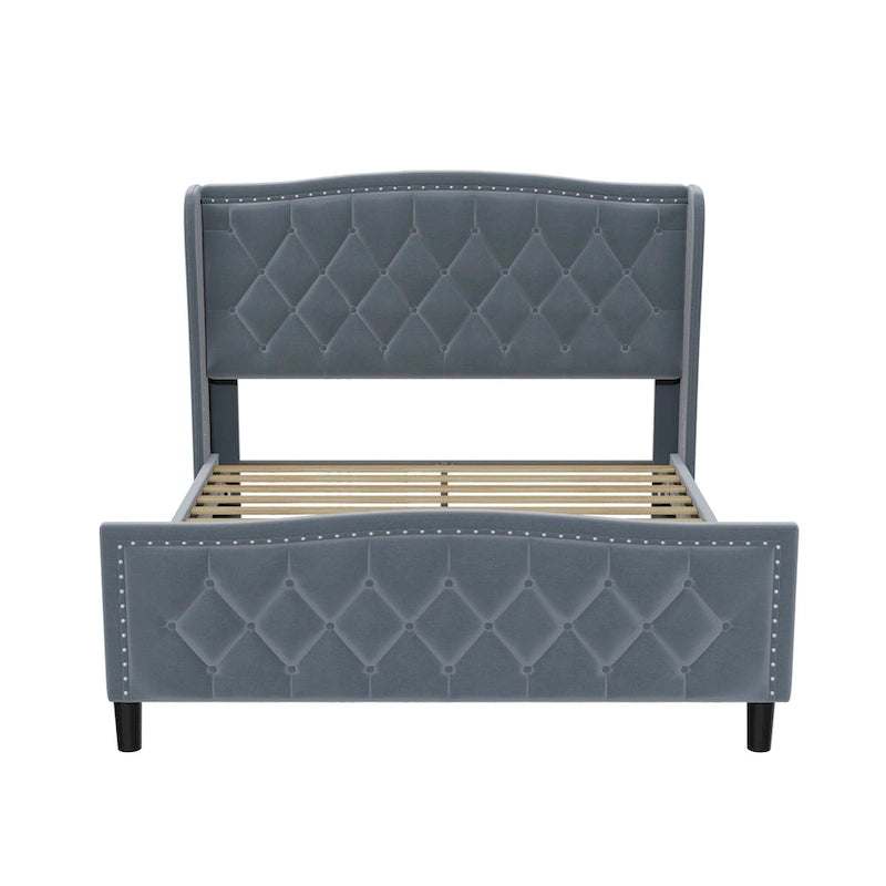 Tweepersoons bed met fluwelen bekleding, gewatteerd hoofdbord met zijpanelen en houten lattenbodem
