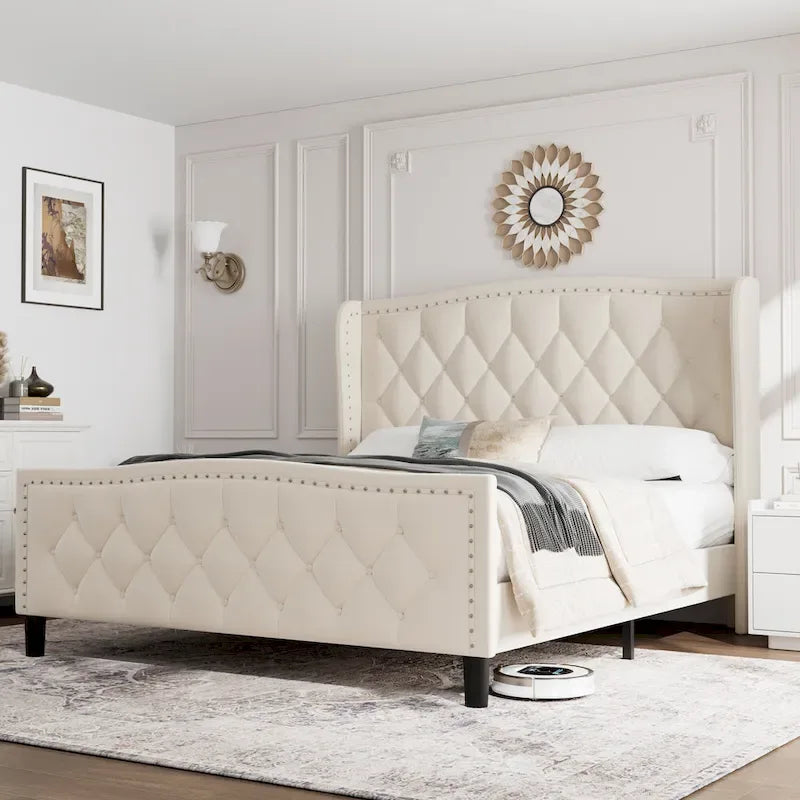Tweepersoons bed met fluwelen bekleding, gewatteerd hoofdbord met zijpanelen en houten lattenbodem