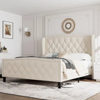 Tweepersoons bed met fluwelen bekleding, gewatteerd hoofdbord met zijpanelen en houten lattenbodem